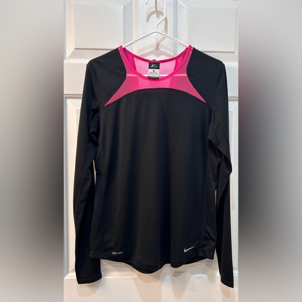 NWT Nike Dri-Fit Knit Long Sleeve Running Top Hot Pink Black Women Sz M Active